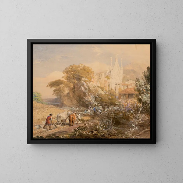 Feldernte und Kloster von La Vocatella bei Corpo di Cava - Samuel Palmer — gerahmtes Bild an der Wand
