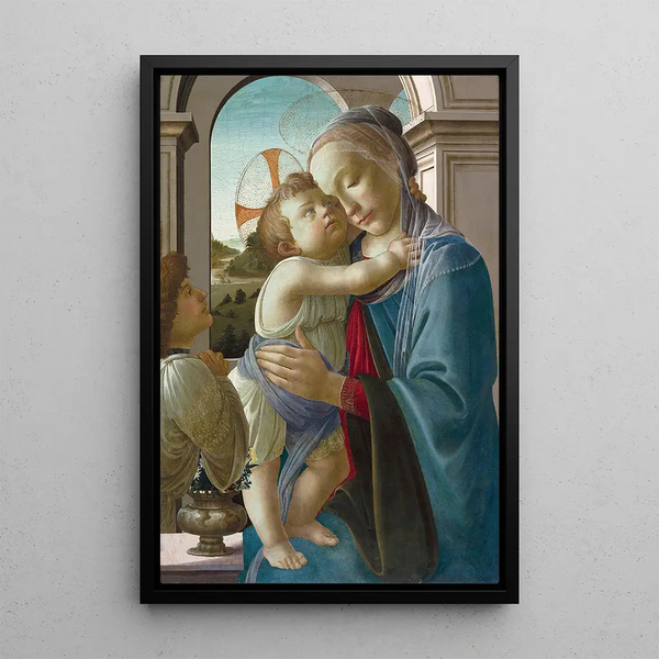 Die Jungfrau mit Kind mit einem Engel - Sandro Botticelli — gerahmtes Bild an der Wand