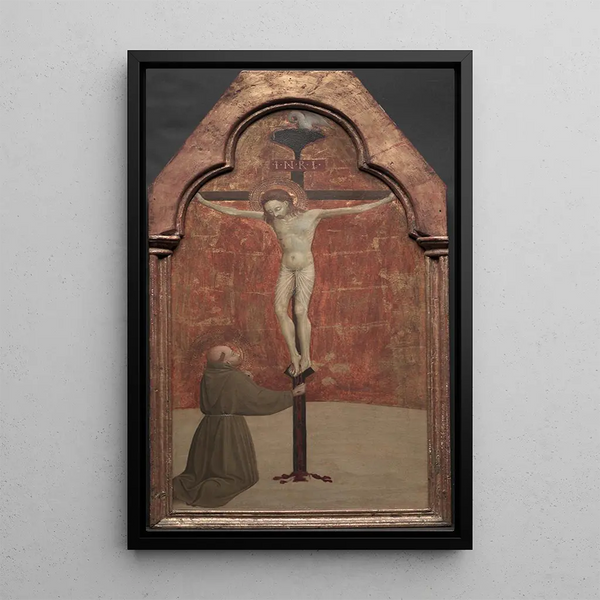 Saint François kniend vor dem Christus am Kreuz - Sassetta — gerahmtes Bild an der Wand