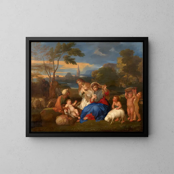 Das Ruhen der Heiligen Familie mit der heiligen Katharina - Sébastien Bourdon — gerahmtes Bild an der Wand