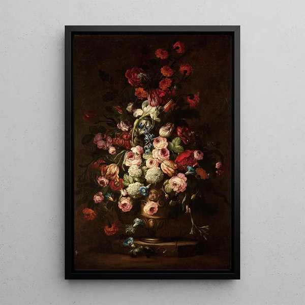 Blumenstrauß, kunstvoll in einer Vase auf einem Ständer - Schule von Bartolomeo Bimbi — gerahmtes Bild an der Wand