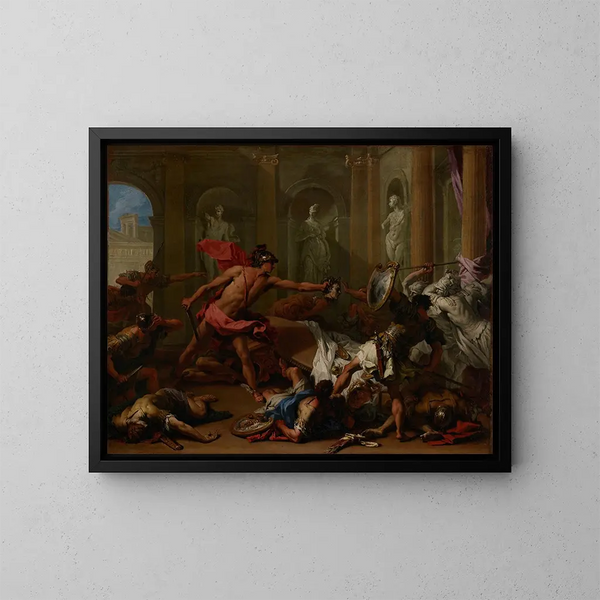 Persée, der Phineus mit dem Kopf der Medusa konfrontiert - Sebastiano Ricci — gerahmtes Bild an der Wand