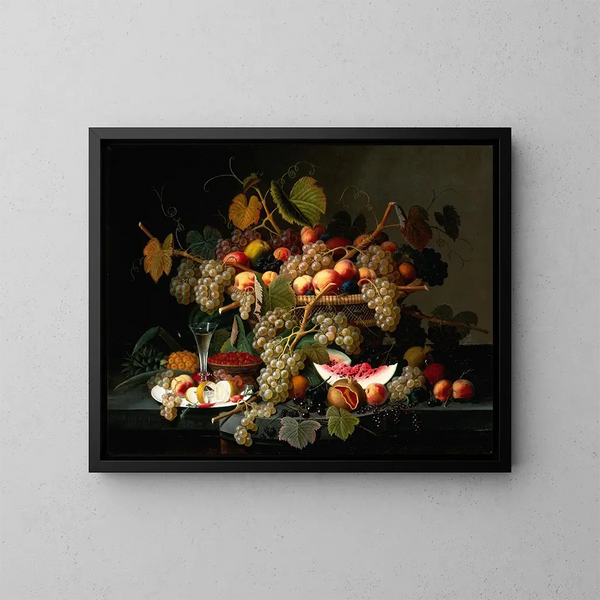Natur stillleben mit Früchten und Champagner - Severin Roesen — gerahmtes Bild an der Wand