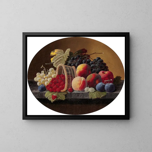 Naturstillleben mit Pfirsichen, Trauben und einem Erdbeerkorb - Severin Roesen — gerahmtes Bild an der Wand
