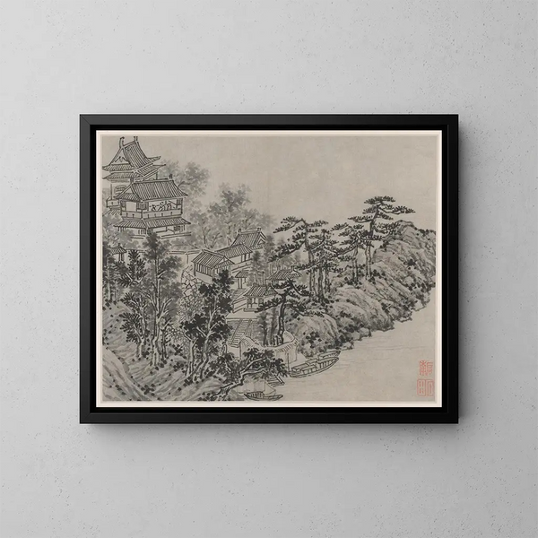 Pavillon der Wolkenklettertreppe - Shen Zhou — gerahmtes Bild an der Wand