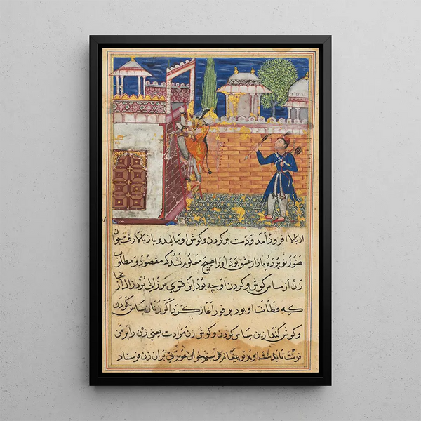 Das täuschende Weib kehrt nach dem Streicheln ihres Liebhabers auf ihre Terrasse zurück, aus einem Tutinama Geschichten eines Papageis Achte Nacht - Shravana — gerahmtes Bild an der Wand