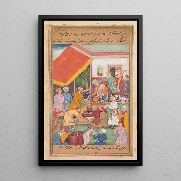Timur verteilt Geschenke seines Enkels, des Prinzen von Multan, aus einem Zafarnama Buch der Siege - Shravana — gerahmtes Bild an der Wand