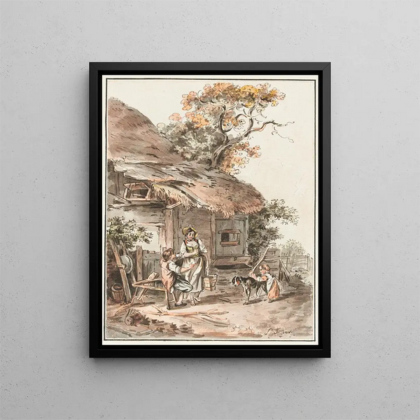 Ländliche Szene vor einem Strohdachhof - Sigmund Freudenberger — gerahmtes Bild an der Wand