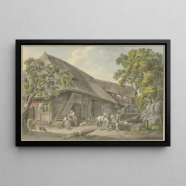 Schweizer Haus mit Brunnen, Bauernhof mit einem grauen Pferd, das von einem Jungen geritten wird - Sigmund Freudenberger — gerahmtes Bild an der Wand