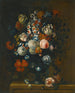 Naturstillleben mit Rosen, gefüllten Tulpen, Pfingstrosen, Narzissen und anderen Blumen in einer geschnitzten Vase - Simon Hardime — Ansicht des Kunstwerks