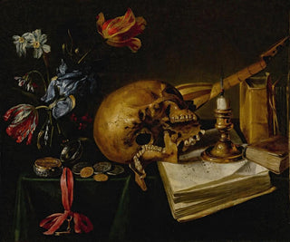 Stillleben mit einem Schädel, einem Musikbuch, einer erloschenen Kerze, einem verwelkten Blumenstrauß und anderen Vanitas-Objekten auf einem Tisch - Simon Renard de Saint-André — Ansicht des Kunstwerks
