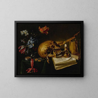 Stillleben mit einem Schädel, einem Musikbuch, einer erloschenen Kerze, einem verwelkten Blumenstrauß und anderen Vanitas-Objekten auf einem Tisch - Simon Renard de Saint-André — gerahmtes Bild an der Wand
