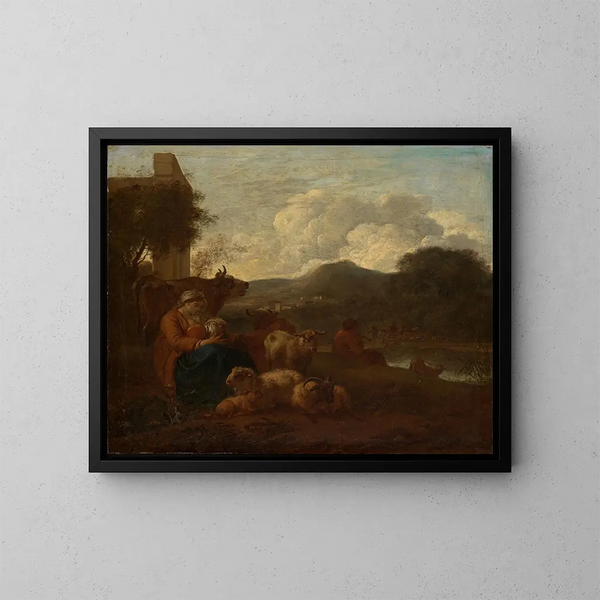 Frau stillt ihr Kind mit der Herde in einer südlichen Landschaft - Simon van der Does — gerahmtes Bild an der Wand