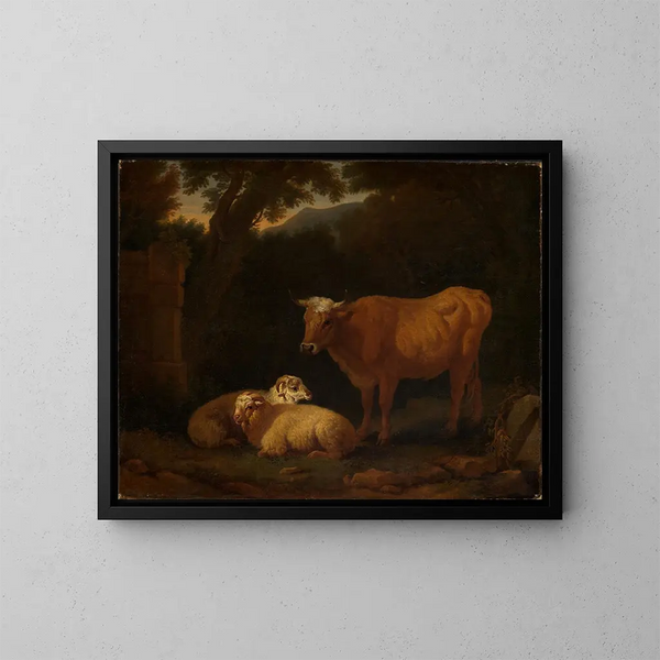 Bovine stehendes Gemälde und zwei Schafe liegend in einer Waldlandschaft - Simon van der Does — gerahmtes Bild an der Wand