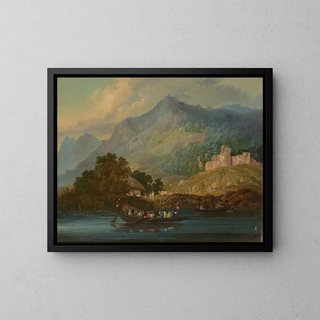 Sir Charles DOyly - Hilly landscape with figures in a boat on the river Ganges.webp