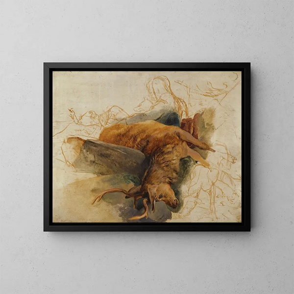 Ein toter Hirsch mit skizzierten Figuren eines Wildhüters und Hunde - Sir Edwin Henry Landseer — gerahmtes Bild an der Wand