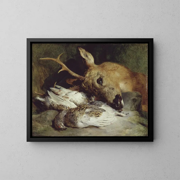 Kopf eines Rehs und zwei Schneehühner - Sir Edwin Henry Landseer — gerahmtes Bild an der Wand