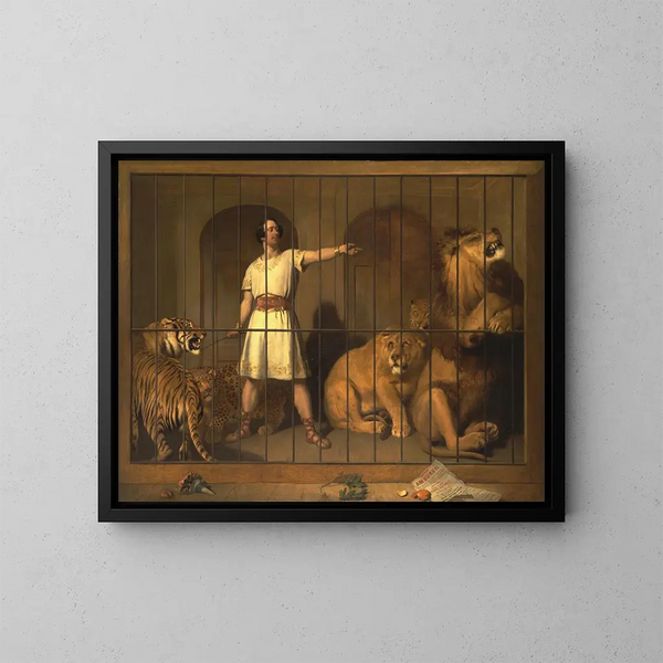 Portrait de M. Van Amburgh tel qu'il apparaissait avec ses animaux dans les théâtres londoniens - Sir Edwin Henry Landseer — gerahmtes Bild an der Wand