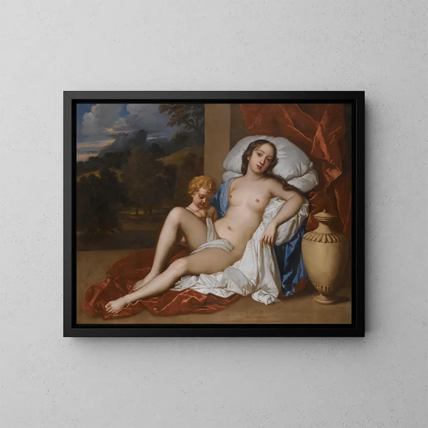 Portrait einer jungen Frau und eines Kindes in Venus und Cupido, fast sicher Nell Gwyn - Sir Peter Lely — gerahmtes Bild an der Wand