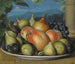 Naturstillleben mit Feigen, Pfirsichen, einer Birne und schwarzen Trauben auf einem weißen Teller, eine weite Landschaft im Hintergrund - Spanische Schule — Ansicht des Kunstwerks