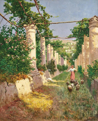 Stefan Simony - A young girl feeding turkeys in a sunlit pergola in Capri.webp