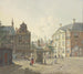 Auf einem freien Platz, ein Brunnen mit einer Magd in rotem Rock und Eimer - Johannes Huibert Prins — Ansicht des Kunstwerks