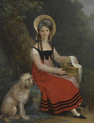 Swiss School - Portrait Of A Young Lady with Her Dog Jean Seated Under A Tree.webp