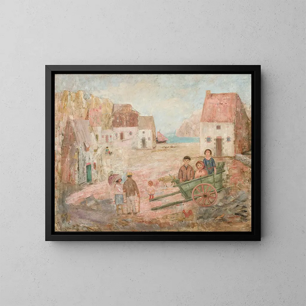 Landschaft einer kleinen Stadt mit Kindern im Kinderwagen - Tadeusz Makowski — gerahmtes Bild an der Wand