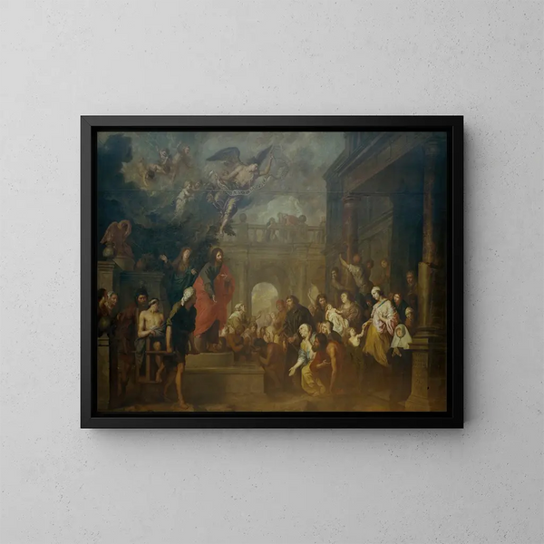 Der Christus heilt die Kranken in der Nähe des Bethesda-Brunnens - Theodoor Boeyermans — gerahmtes Bild an der Wand