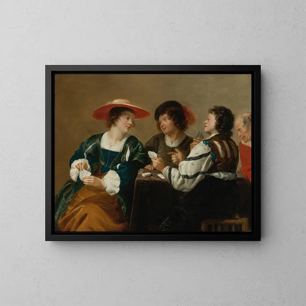Eine Frau und drei Männer, die um einen Tisch sitzen und Karten spielen - Theodoor Rombouts — gerahmtes Bild an der Wand