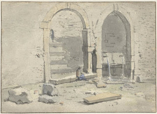 Theodoor Wilkens - Fontein tegen een stadsmuur waarin een trap is gebouwd.webp