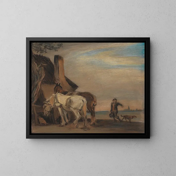Karl bringt Wasser zu zwei Pferden, Kopie eines Gemäldes von Paulus Potter im Louvre - Theodor Philipsen — gerahmtes Bild an der Wand