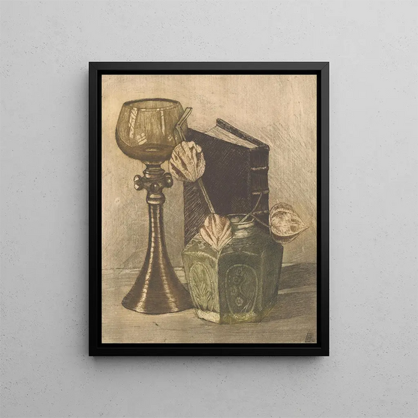 Theodorus Antonius de Gruiter - Stilleven met boek wijnglas en lampionplant in gemberpot.webp