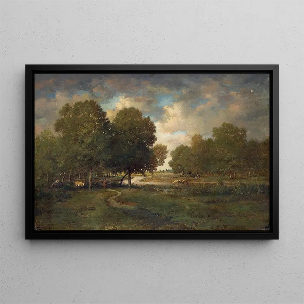 Eine Flusslandschaft in einer Wiese - Théodore Rousseau — gerahmtes Bild an der Wand