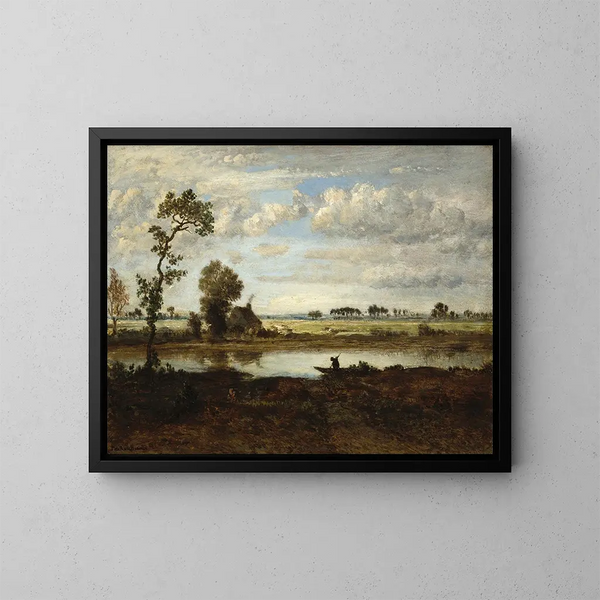 Landschaft mit einem Bootsmann - Théodore Rousseau — gerahmtes Bild an der Wand
