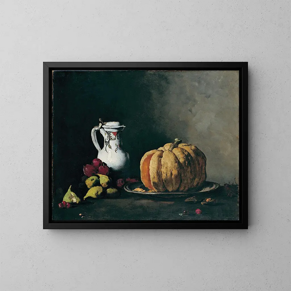 Stillleben mit Kürbis, Pflaumen, Kirschen, Feigen und Krug - Théodule Ribot — gerahmtes Bild an der Wand