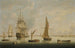 Ein britisches Kriegsschiff, das im Hafen von Portsmouth von einem Dampf-Schlepper geschleppt wird - Thomas Buttersworth — Ansicht des Kunstwerks