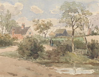 Ländliches Landschaftsbild mit Cottage, Windmühle, Scheunen und Figuren mit Teich im Vordergrund - Thomas Churchyard — Ansicht des Kunstwerks