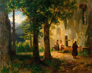Gebet in der Nähe einer heiligen Quelle, Landschaft mit Brunnen - Thomas Ender — Ansicht des Kunstwerks