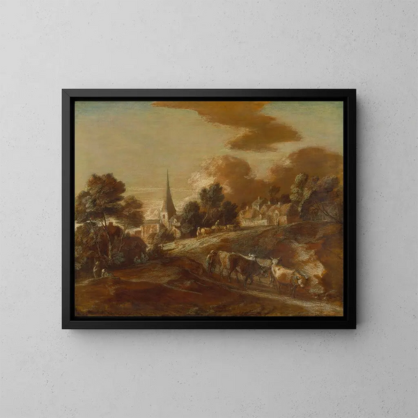 Ein imaginäres bewaldetes Dorf mit Viehhirten und Vieh - Thomas Gainsborough — gerahmtes Bild an der Wand