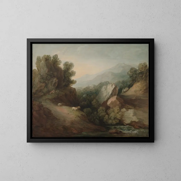 Landschaftliches, bewaldetes Felsen-Gemälde mit einer Talmulde und einem Wasserfall - Thomas Gainsborough — gerahmtes Bild an der Wand