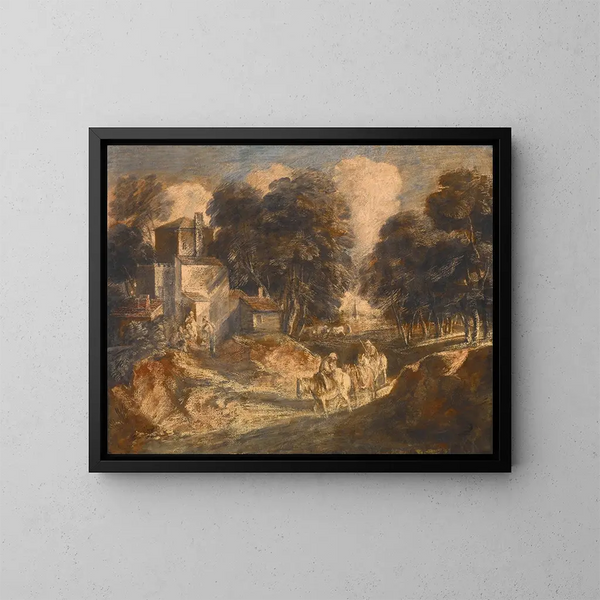 Landschaft mit Bäumen und Bauern auf Pferden - Thomas Gainsborough — gerahmtes Bild an der Wand