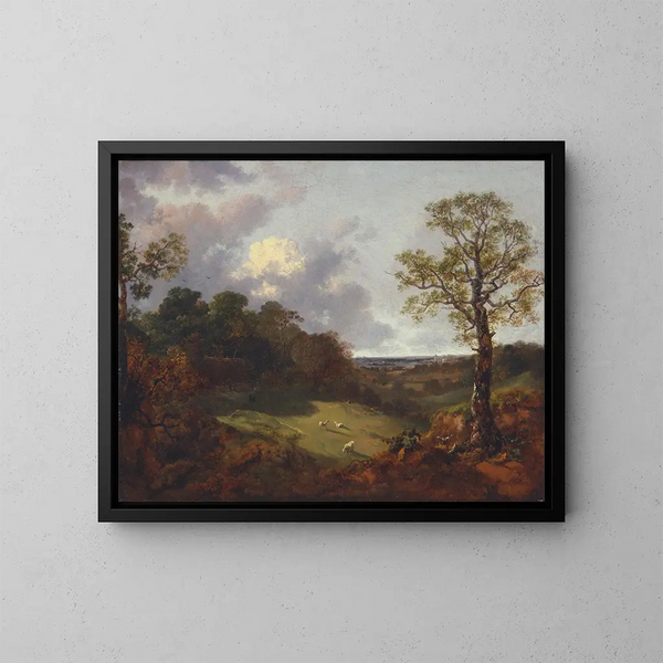 Landschaft mit Wald, einem Cottage und einem Hirten - Thomas Gainsborough — gerahmtes Bild an der Wand