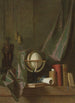 Ein Globus, Bücher und eine Statuette auf einer Fensterbank in einem von einem Vorhang verhüllten Interieur - Thomas Germain Joseph Duvivier — Ansicht des Kunstwerks