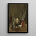 Ein Globus, Bücher und eine Statuette auf einer Fensterbank in einem von einem Vorhang verhüllten Interieur - Thomas Germain Joseph Duvivier — gerahmtes Bild an der Wand