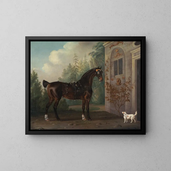 Das schwarze Kutschen-Gemälde von Lord Abergavenny mit einem Terrier - Thomas Gooch — gerahmtes Bild an der Wand