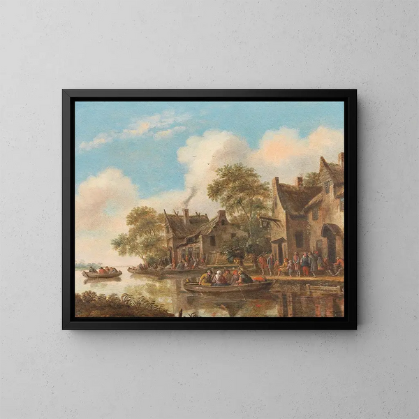 Landschaftsbild mit Fluss, Fähren und einer Taverne - Thomas Heeremans — gerahmtes Bild an der Wand