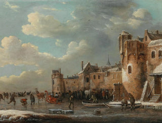 Thomas Heeremans - Skaters and a horsedrawn sleigh on the ice outside a walled town.webp