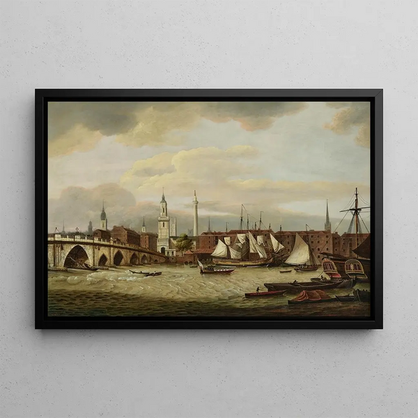 Thomas Luny - Merchant shipping at the wharfside below Old London Bridge with the Church of St Magnus the Martyr and Wrens Monument.webp