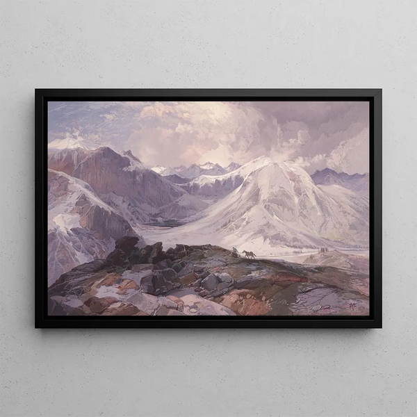 Der Pfad der Mückenspinnen, Rocky Mountains in Colorado, Höhe 12000 Fuß - Thomas Moran — gerahmtes Bild an der Wand